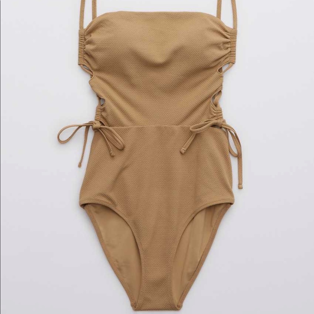 Aerie Pique Lace Up Bandeau One Piece Swimsuit